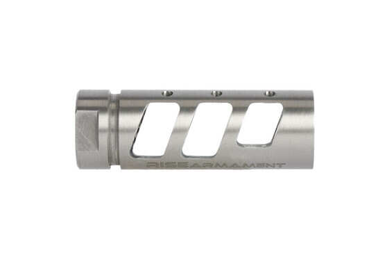 Rise Armament AR 15 compensator with shiny stainless finish is an effective three-chamber compensator